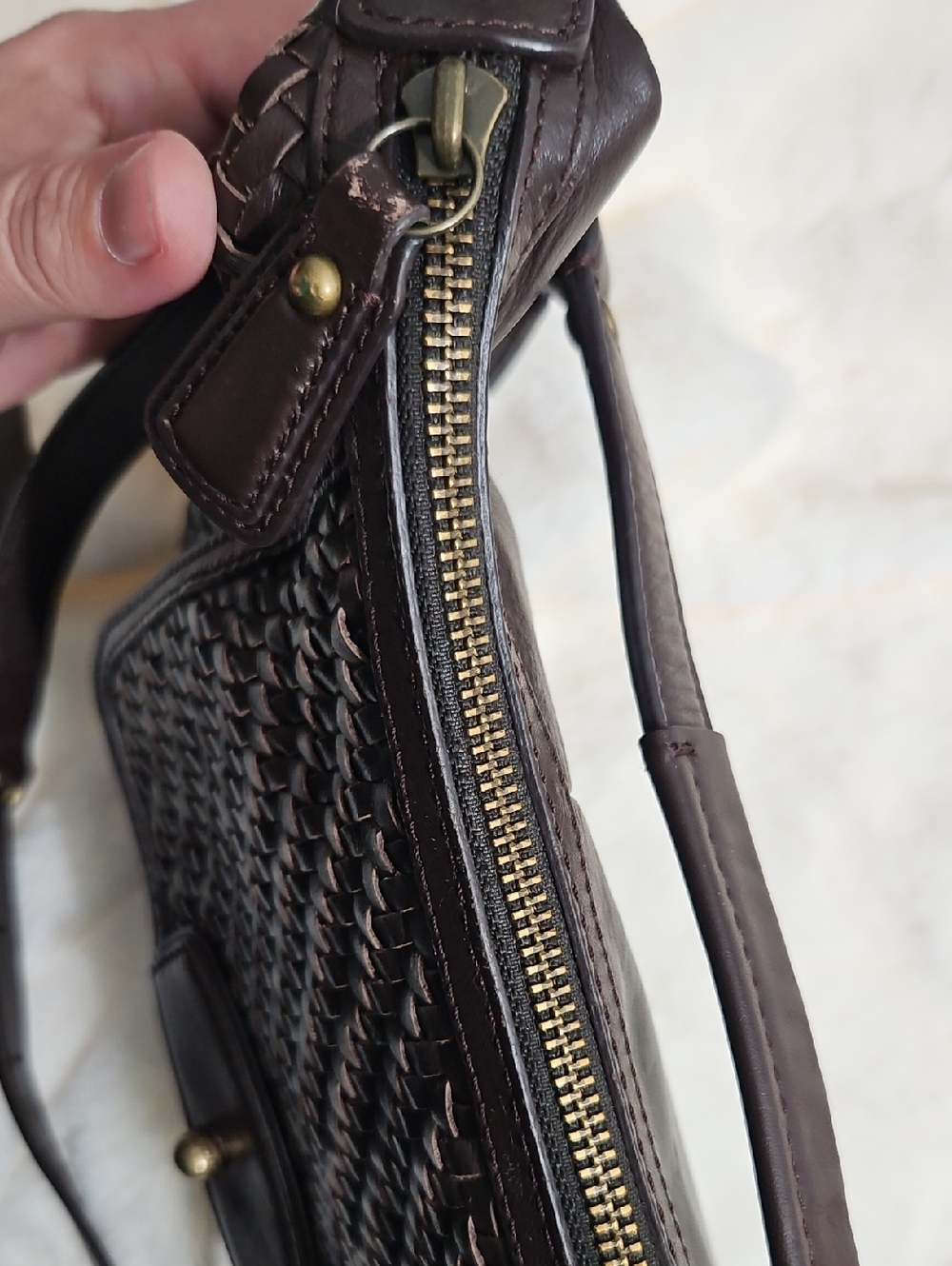 Coach Kristen Woven Leather Crossbody Bag Brown | Turnlock Flap - Picture 6 of 13